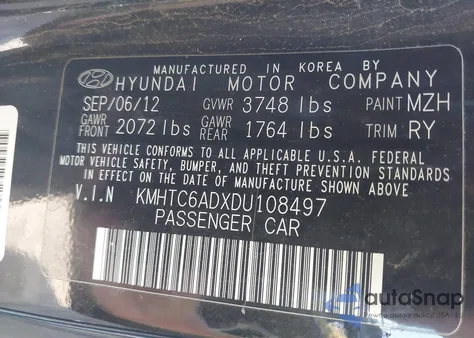 2013 Hyundai Veloster Base W/Black из США, поврежденный, VIN KMHTC6ADXDU108497